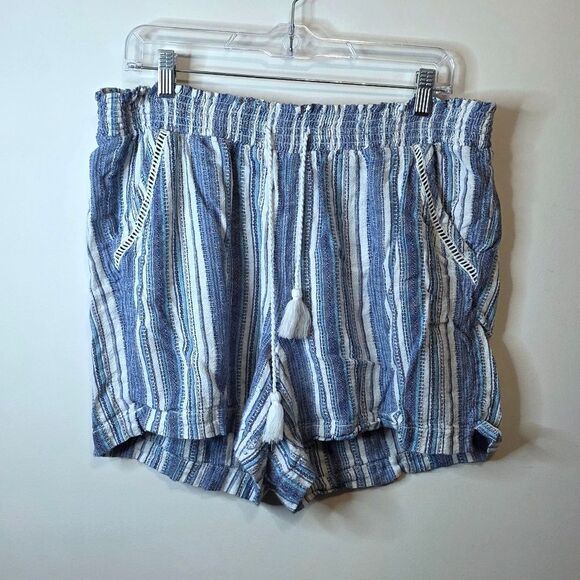 Briggs New York Pants - Briggs Blue and White Striped Linen Blend Shorts Elastic Waist Tassel Size XL